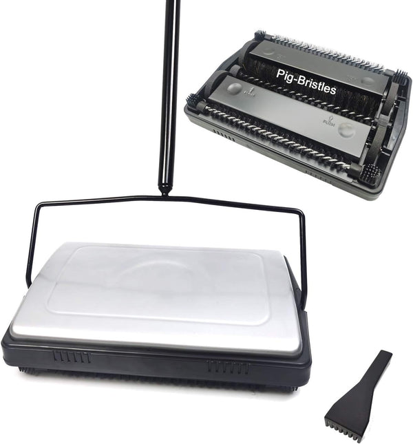 EZ SPARES Quiet Floor Sweeper with Pig-Bristles, Strong Roller Brush for Carpet Cleaning, Great for House, Office,
