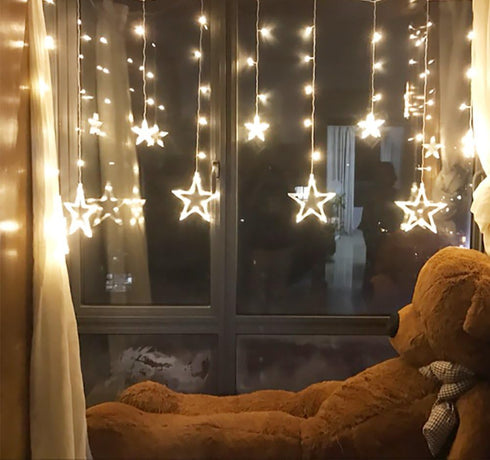 Twinkle Star 12 Stars LED Curtain String Lights - 138 Warm White, 8 Flashing Modes for Christmas, Wedding, Party