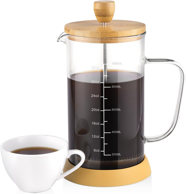 wedrink French Press Coffee Maker 34oz - Thicken Heat-Resistant Borosilicate Glass with Bamboo Lid (1000ml)
