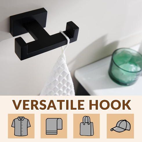APLusee Double Robe Towel Hook, Stainless Steel Square Dual Coat Hook, Matte Black Utility Storage Hanger
