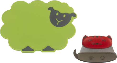 Kuhn Rikon Kinderkitchen Kids Cutting Set, 2 Pieces, Green/Black/Red | Sheep Cutting Board & Cat Knife