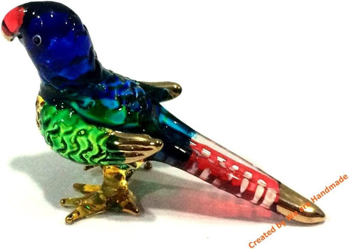Handmade Mini Blown Glass 2" Parrot Blue Bird - Fantasy Collectible Figurine, Dollhouse Gift Ideas