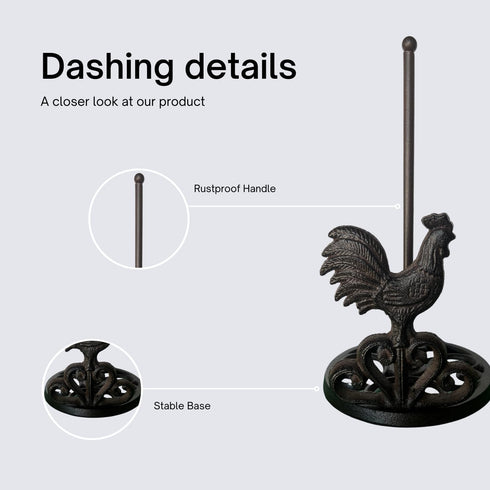 Decoronix 12" Countertop Country Rustic Elegance Cast Iron Rooster Paper Towel Holder - Freestanding Kitchen Accessory