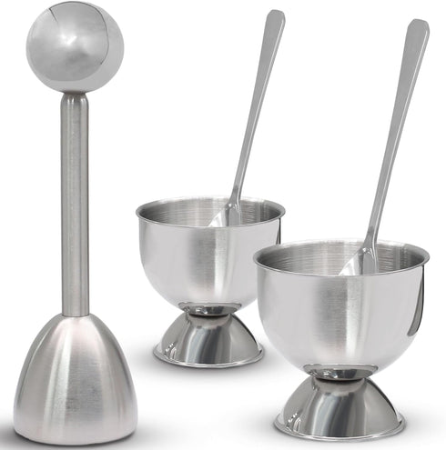 vibedor Set 5, 1 2 2 Egg Cups & Cracker of Stainless Steel Egg Topper Cutter - Egg Holders for Soft Boiled Eggs - Egg