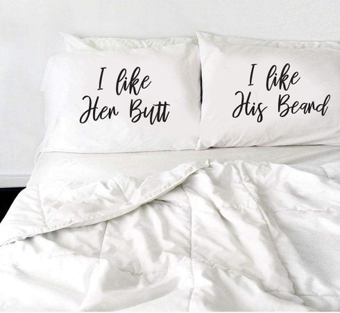 Signatives I Like Her Butt I Like His Beard Pillow Cases, Set of 2 White Pillow Covers for Couples Gifts