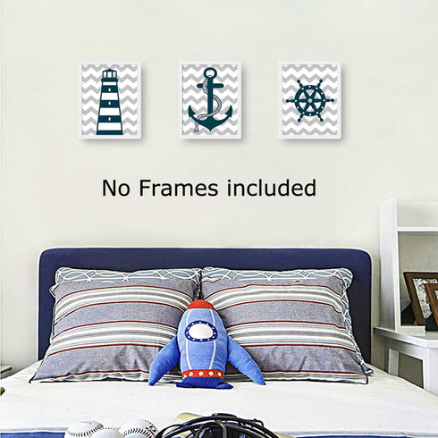 HPNIUB Nautical Art Print Set of 3 (8”X10”), Lighthouse, Steering Wheel, Anchor, Navigation Print for Baby Boy