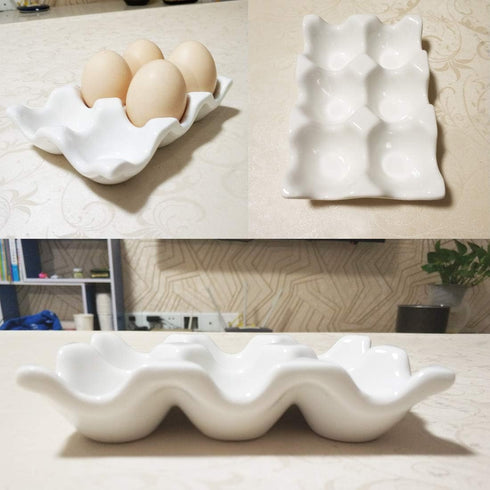 Ceramic Egg Holder Tray for Fresh Eggs, 6 Cups (White) - Porcelain Storage for Fridge Countertop Kitchen
