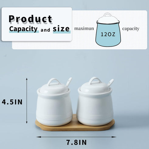 HAOTOP 2 Pack Ceramic Sugar Bowl with Tray, Spoon and Lid, Porcelain Jar for Sugar, Pepper, Coffee, Spice, 12 Ounces