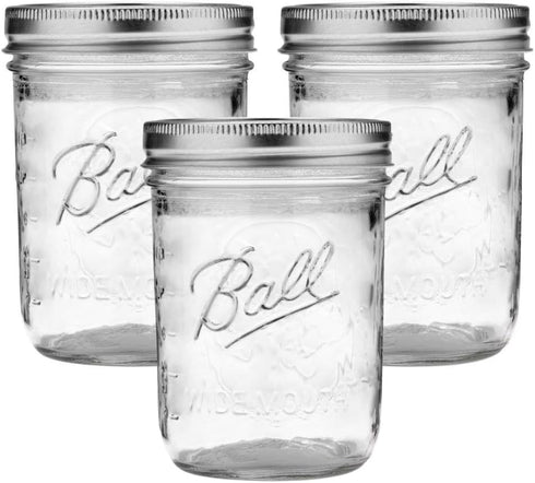Ball Wide Mouth Glass Mason Jars with Lids and Bands, Pint Size 16 Ounce, Used for Canning, Pack of 3