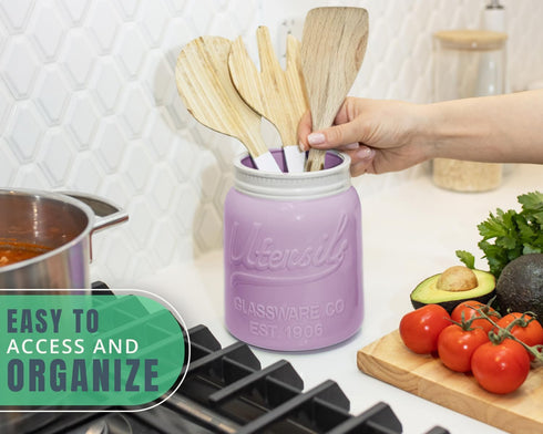 Comfify Wide Mouth Mason Jar Utensil Holder - Decorative Kitchenware Organizer, Chip Resistant Ceramic, Purple