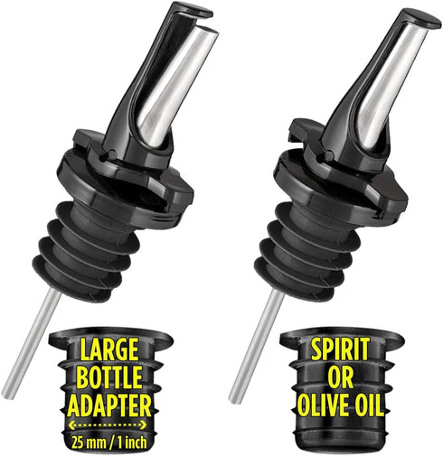 3-in-1 Liquor Pour Spout - Olive Oil Spout with Built-in Caps, Dishwasher Safe, Black 2 PCs