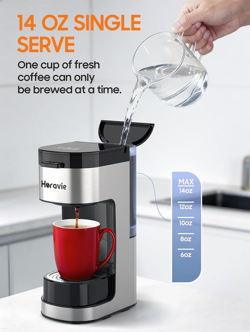 6 14 Oz Horavie Single Serve Coffee Maker, Hot and Iced Coffee Maker for K Cup and Ground, to Brew Sizes Single Cup