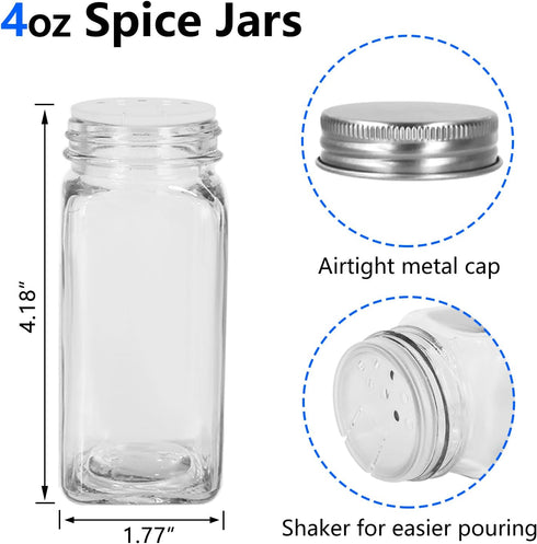 30 Pack 4 oz Lids(80 Labels,1 Funnel,1 1 Keketin Glass Spice Jars with Labels, Empty Square Spice bottles Seasoning