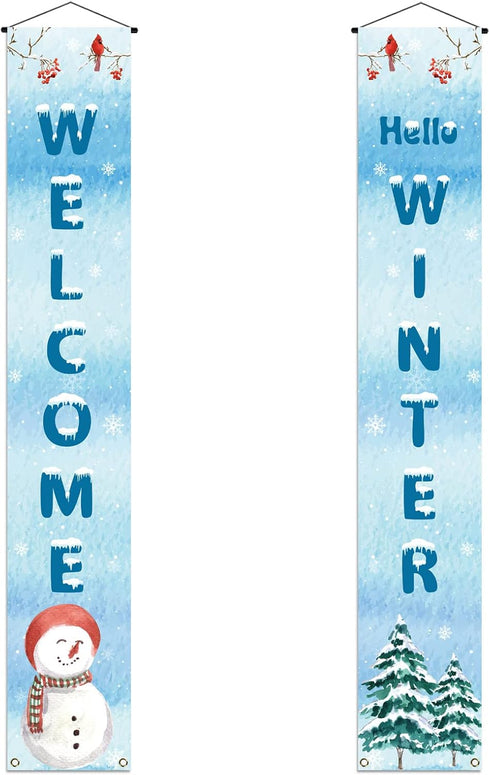 Welcome Hello Winter Porch Banner, Snowman Cardinal Christmas Holiday Front Door Sign Decoration