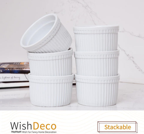 Ramekins Set of 6, 8 oz White Porcelain Dipping Sauce Dishes for Baking, Souffle, and Custard