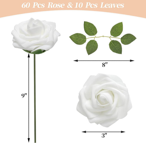 DerBlue 60pcs Artificial Roses Flowers - Real Looking Fake Roses with Stem & 10pcs Green Leaves for DIY Decorations