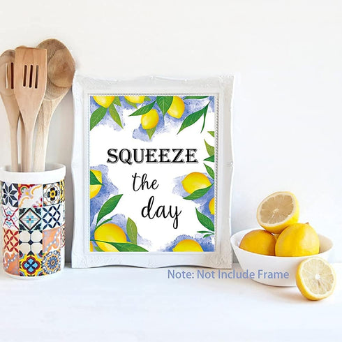 XUOIAYNB Blue Flower Pattern Lemon Art Print, Mexican Tile Lemon Fruit with Inspirational Quote Canvas Wall Art
