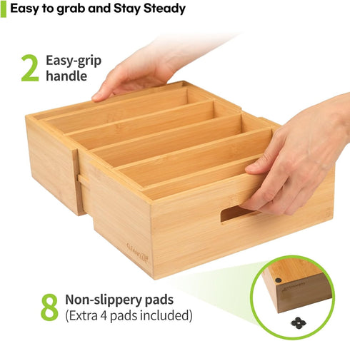 Expandable Kitchen Cabinet Organizer for Food Storage Container Lids, Bamboo Drawer Caddy, Adjustable Dividers