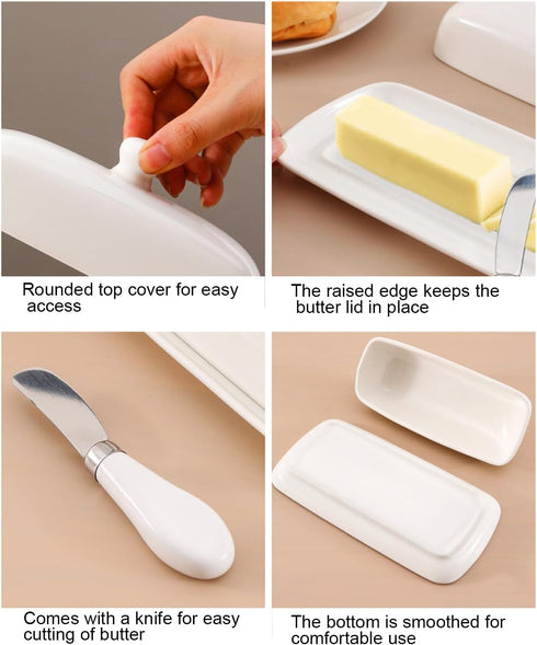 Butter Dish with Lid, Porcelain Butter Box with Stainless Steel Knife, Kitchen Gift in White