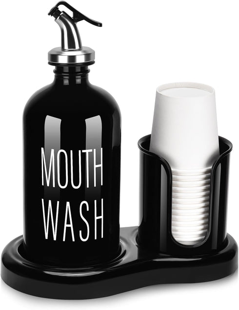 Glass Mouthwash Dispenser with Cup Holder,BYAWAY Mouthwash Set for Bathroom,16 OZ Refillable