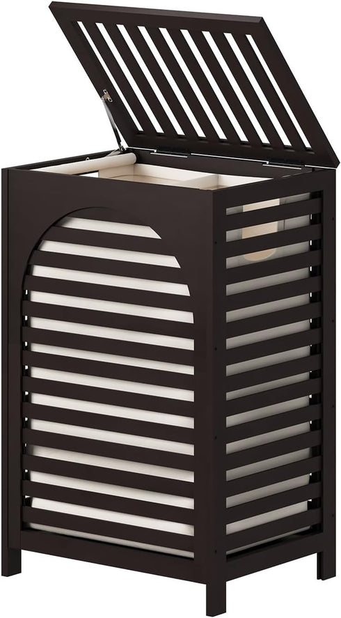 Laundry Hamper with Lid - 22.5 Gallon (85L) Bamboo Wood Clothes Basket with Lid and Handles, Brown