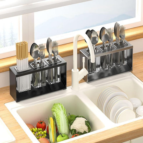 Countertop Cutlery Drying Holder, 3 Cups Cutlery Drainer Box, Tabletop Utensil Organizer for Forks, Chopsticks, Kitchen