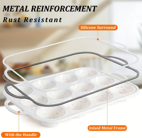 CAKETIME Silicone Muffin Pan, Metal Reinforced Frame Regular Size Cupcake Pan with Handle 12 Cups Nonstick Muffin Pan for Baking BPA Free 1 Pack Confetti by CAKETIME