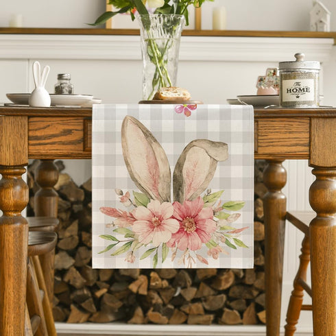Artoid Mode Buffalo Plaid Bunny Rabbit Ears Flower Easter Table Runner - 13 x 108 Inch Kitchen Dining Decoration.