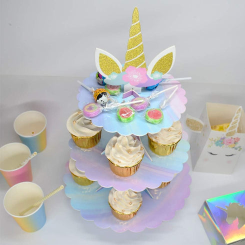 3 Tier Unicorn Cupcake Stand, Pink Purple Cardboard Cake Stand for Birthday Baby Shower Party Decorations