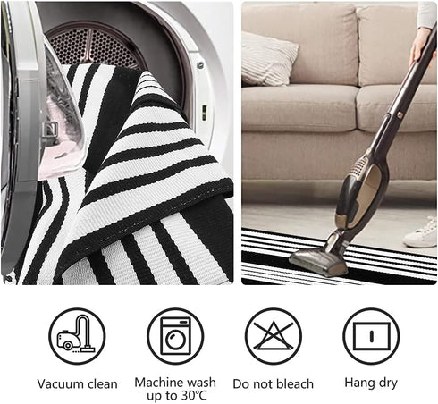 Black/White Striped Front Door Rug 2'X4.3', Cotton Hand Woven Indoor/Outdoor Entryway Rug, Machine Washable Kitchen Mat