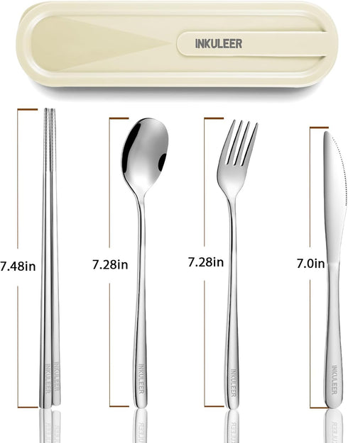 INKULEER Travel Cutlery Set, 18/8 Stainless Steel Reusable Utensils with Case, Portable Silverware Lunch Box (Silver)