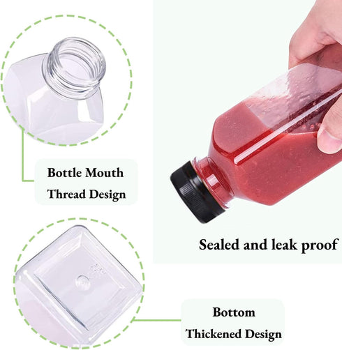 Leaflai 12Pcs -12oz Plastic Juice Bottles with Caps Reusable Juice Containers with Tamper Proof Lids Black - Clear
