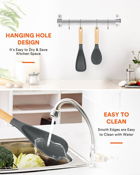 Cooking Spoon and Rice Scooper for Nonstick Cookware, Durable BPA-Free Silicone with Wood Handle