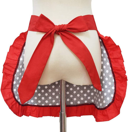 Black Sexy Polka Dot Ruffle Side Half Aprons, Cotton Kitchen Cooking Waist Apron with Pocket for Women Girls