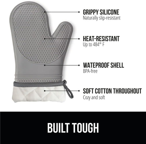 Gorilla Grip Heat and Slip Resistant Silicone Oven Mitts Set, 14.5 in, Soft Cotton Lining, Waterproof, BPA-Free, Extra Long Thick Gloves for Cooking, BBQ, Kitchen Mitt Potholders, Gray by Gorilla Grip