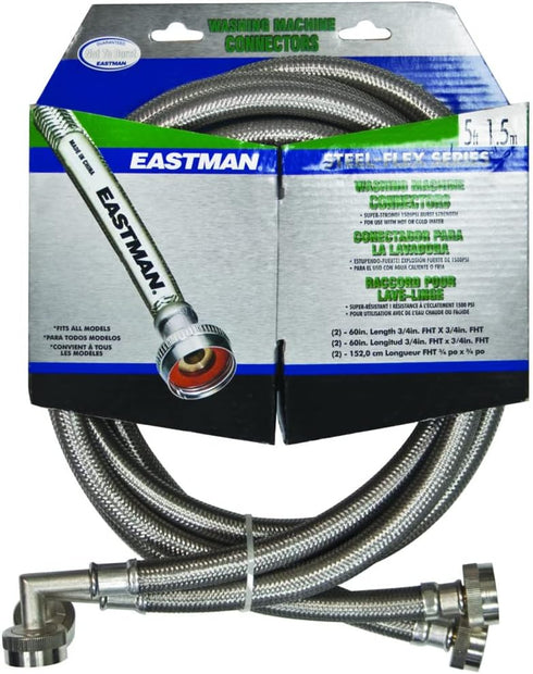 Eastman Washing Machine Connector, Pack of 2, 3/4 Inch FHT Connection, 5 Foot Braided Stainless Steel Hoses