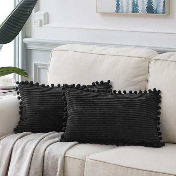 Fancy Homi Pack of 2 Black Lumbar Decorative Throw Pillow Covers with Pom-poms, Soft Corduroy Solid Rectangle Cushion