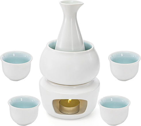 Set Set, 7 Set 1 1 1 4 Foraineam White Ceramic Sake with Warmer Pot, Japanese Style Porcelain Hot Saki Drink Bottle
