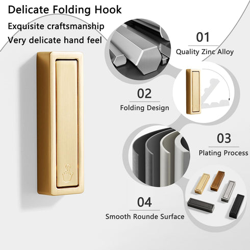 4Pcs Foldable Hooks Wall Mount Zinc Alloy, Bathroom Wall Hook Retractable for Hanging Clothes, Keys, Towels, Folding Hooks with Fixing Accessories (Gold) by XSGTZMJ