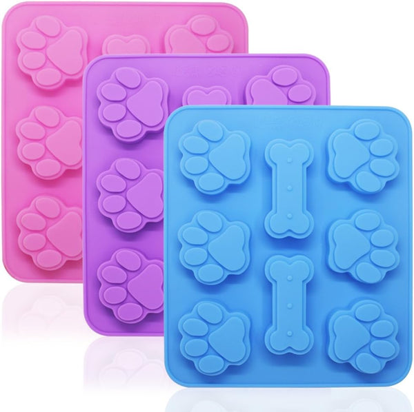 3 Pcs Silicone Molds, Puppy Dog Paw & Bone Shaped 2 in 1, 8-Cavity Baking Pans, Reusable Ice Candy Trays (Pink, Blue,