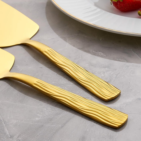 Gold Cake Pie Server Set of 3, 9.3-inch Stainless Steel Pastry Server with Fashion Patterns, Dishwasher Safe