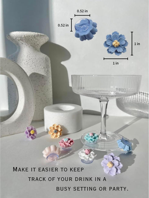 Fount & Haven Wine Glass Charms - 8 Pack Flower Suction Wine Charms For Stem Glasses - Resin Wine Glass Markers - Drink Markers For Glasses Set - Wine Markers For Glasses - Wine Glass Markers Washable