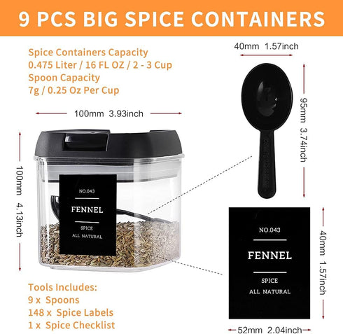 9 16 Oz 148 9 Set Spice Containers with Labels, Pcs Fl Large Plastic Tea Storage Containers with Spice Labels