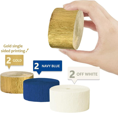 NICROLANDEE Navy Blue Party Decorations - 6 Rolls of Navy Blue Gold Ivory Crepe Paper Streamers for Wedding Birthday