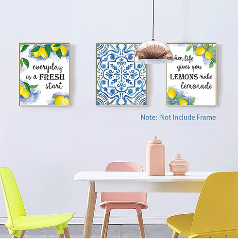 XUOIAYNB Blue Flower Pattern Lemon Art Print, Mexican Tile Lemon Fruit with Inspirational Quote Canvas Wall Art