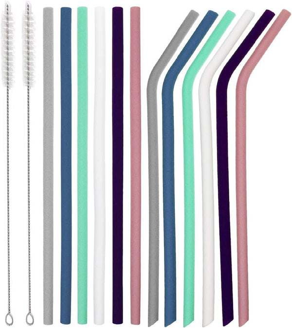 Senneny Set of 12 Reusable Silicone Drinking Straws for 30oz and 20oz - BPA Free with Cleaning Brushes