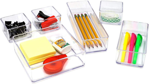Isaac Jacobs 6-Tray Clear Acrylic Organizer Set, Multi-Purpose Stackable Storage for Makeup, Crafts, Office & More