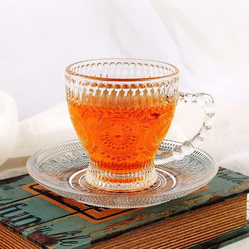 7 Oz Set 6 cosnou Vintage Glass Tea Cups with Saucers, Glass Mugs of Espresso Coffee Embossed Glassware with Handle