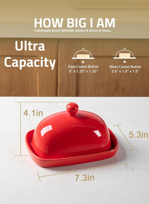 Countertop,Porcelain 7.3*4.1 inches Sweejar Ceramic Butter Dish with Lid for Butter Keeper with Knob Handle,Butter