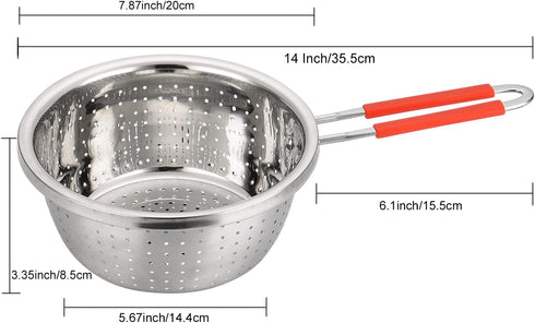 7.9inch Stainless Steel Perforated Metal Colander Strainer with Long Red Handle for Kitchen Food Pasta Noodles